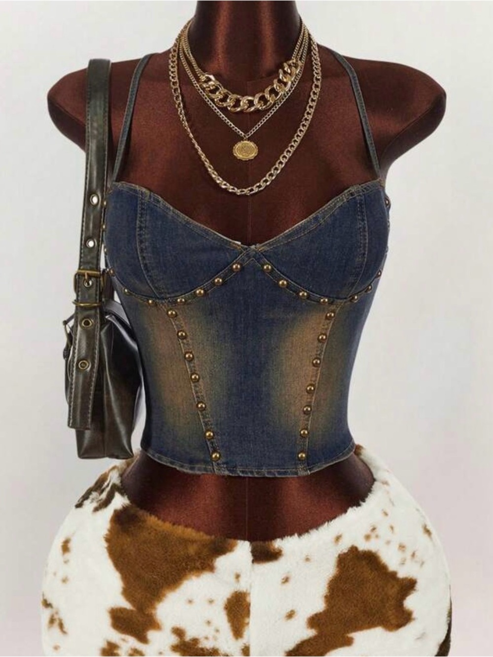 Denim Studded Corset Top in Dark Blue - Picture 1 of 2